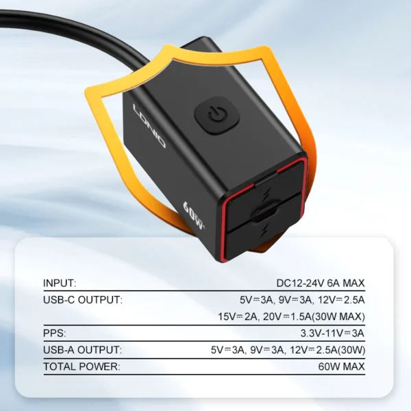 LDNIO Motorcycle USB C Fast Charger PD+QC3.0 60W Waterproof Socket Type C Cell Phone 12V/24V Vehicle-Mounted Charger Adapter - Image 6