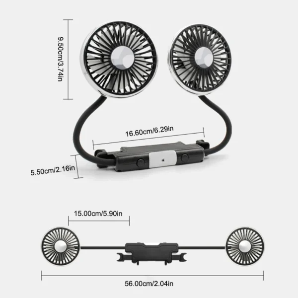 SEAMETAL Car USB Fan Dual Head Cooling Air Fan Independent Switch 3-Speed 360 Degree Adjustable Auto Headrest Fan for Rear Seat - Image 5