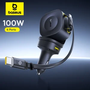 Baseus 100W Car Charger PD QC Fast Charging Dual Type-C Retractable Cable 4 ports 450°Rotation For Laptop Tablet iPhone Samsung